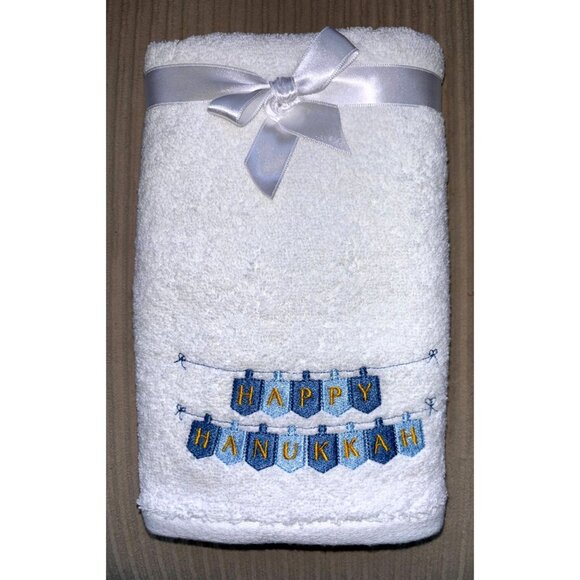 Happy Hanukkah Embroidered White Hand Towel Seasonal Kitchen or Bath NEW STOCK - Picture 1 of 6